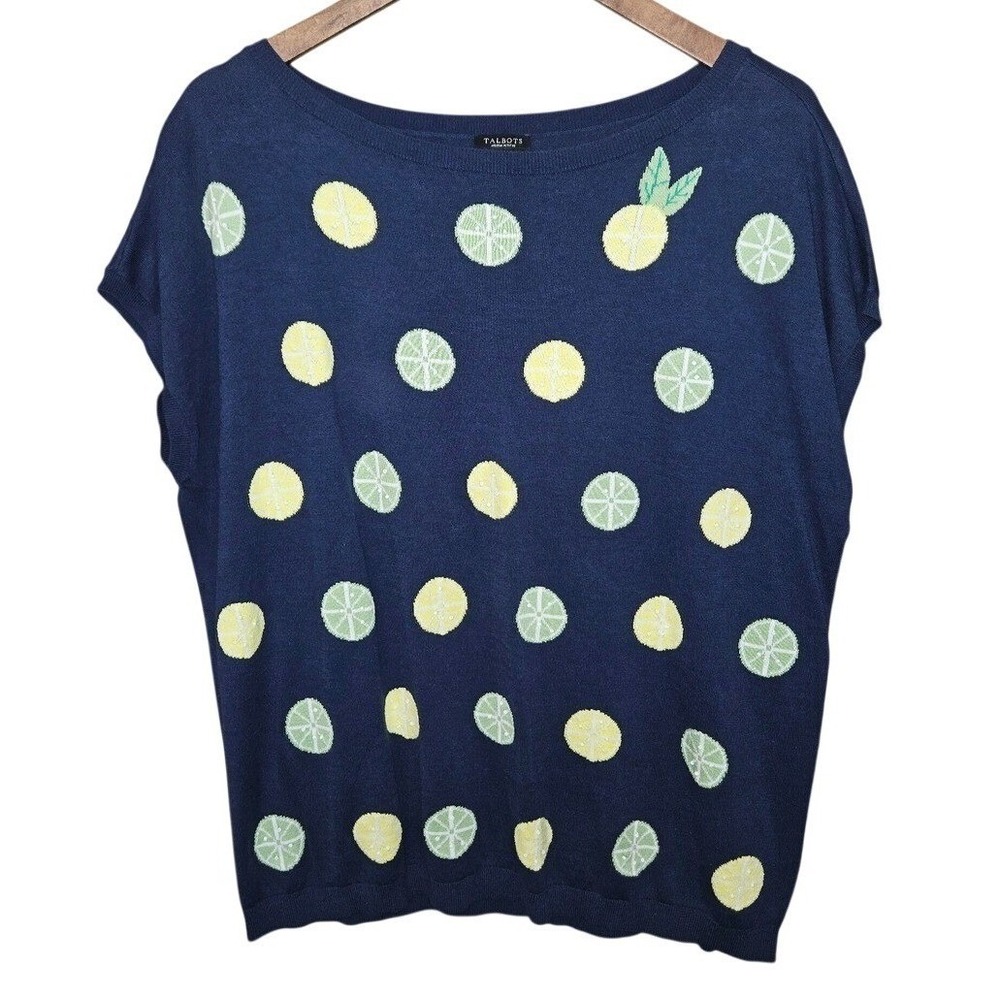 Talbots Petite 2XP Lemon Beaded Sweater Navy Blue Lightweight Top Preppy Coastal - Picture 3 of 9